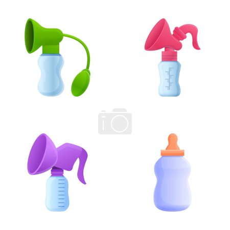 Illustration for Breastfeeding device icons set cartoon vector. Manual breast pump. Breast pumping, motherhood - Royalty Free Image