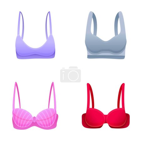 Illustration for Colorful bra icons set cartoon vector. Female underwear style. Woman wardrobe garment - Royalty Free Image