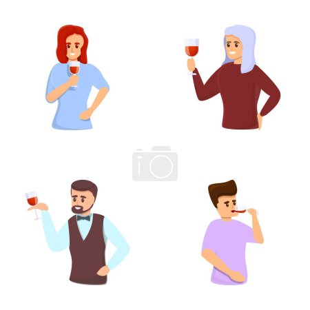 Illustration for Sommelier tasting icons set cartoon vector. Restaurant expert at wine tasting. Cartoon people character - Royalty Free Image