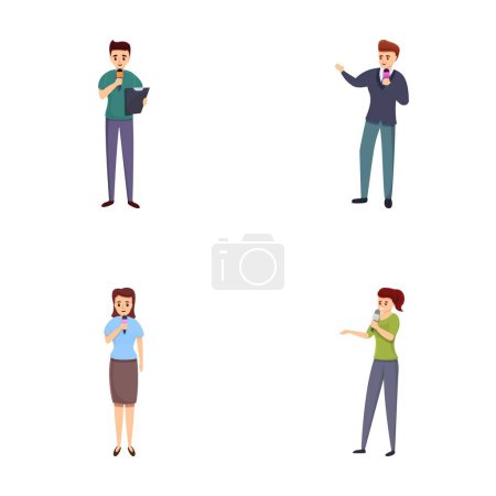 Illustration for Reporter icons set cartoon vector. Male and female journalist with microphone. Television, journalism - Royalty Free Image