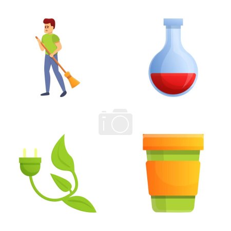 Illustration for Ecology icons set cartoon vector. Man with broom, plant and laboratory flask. Caring for environment - Royalty Free Image