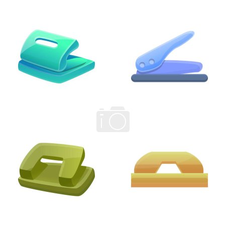 Illustration for Stapler icons set cartoon vector. Various type and color of hole punch. Stationery, office supplies - Royalty Free Image