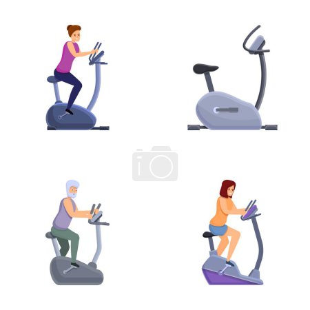 Illustration for Sporty human icons set cartoon vector. People train on sport exercise bicycle. Sport and physical activity - Royalty Free Image