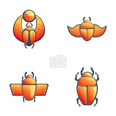 Illustration for Egyptian scarab icons set cartoon vector. Various winged scarab beetle. Scarabeus insect, entomology - Royalty Free Image