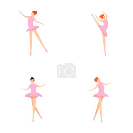 Téléchargez les illustrations : Ballerine danseuse icônes ensemble vecteur de dessin animé. Ballerine fille dans une belle pose. Ballet, art - en licence libre de droit
