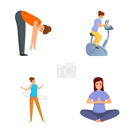Illustration for Gym exercise icons set cartoon vector. People doing sport exercise. Different physical activity - Royalty Free Image
