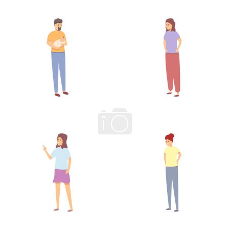 Illustration for Parenthood icons set cartoon vector. Women near man with newborn baby. Parenting, family - Royalty Free Image