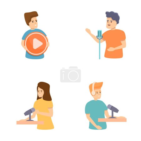 Illustration for Video platform icons set cartoon vector. Guy with youtube button and microphone. International online service - Royalty Free Image