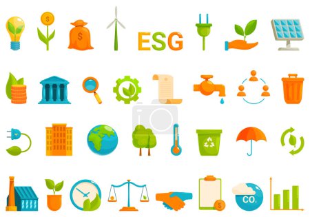 Ilustración de Esg iconos conjunto vector de dibujos animados. Social corporativo. Informe csr economy - Imagen libre de derechos