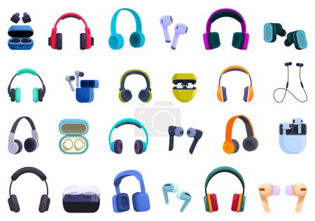 Illustration for Wireless earphones icons set cartoon vector. Music audio case. Device headset - Royalty Free Image