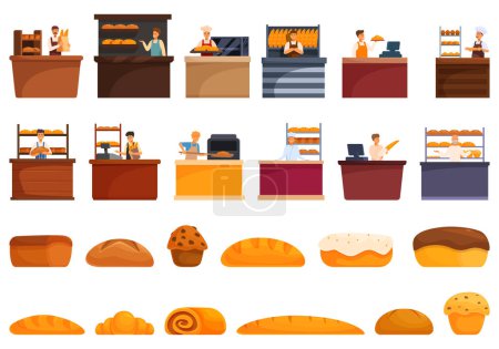 Illustration for Baker selling bread icons set cartoon vector. People seller. Bakery shop - Royalty Free Image
