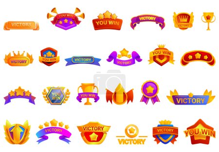 Illustration for Victory game screen icons set cartoon vector. Star bay. Level score win - Royalty Free Image