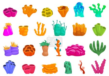 Téléchargez les illustrations : Éponge icônes de plantes d'algues mis vecteur de dessin animé. Flore profonde de l'océan. Corail de récif - en licence libre de droit