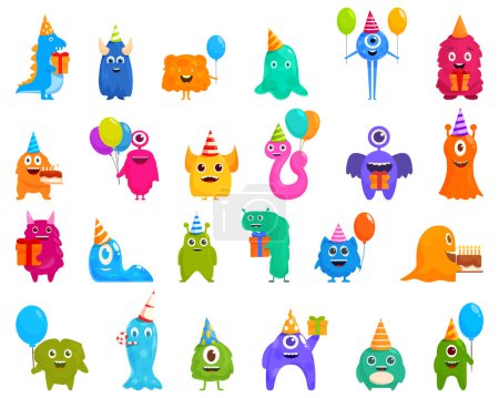 Téléchargez les illustrations : Icônes de fête d'anniversaire de monstre mis vecteur de dessin animé. Ballon Cupcake. Jouet présent - en licence libre de droit