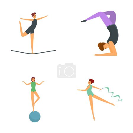 Ilustración de Iconos de gimnasia rítmica conjunto vector de dibujos animados. Chica haciendo gimnasia rítmica. Concepto deportivo - Imagen libre de derechos