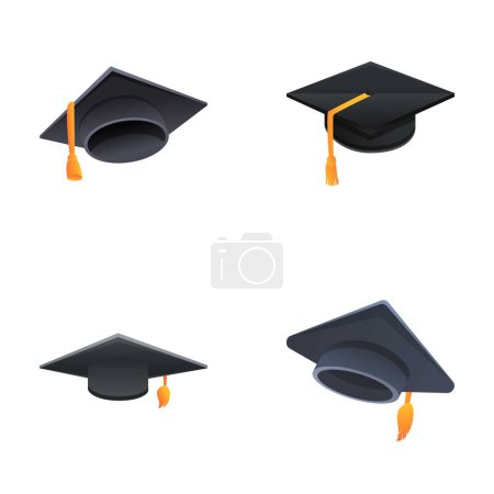 Iconos de casquillo de graduación conjunto vector de dibujos animados. Gorra negra de la universidad de graduación. Elemento para la ceremonia de grado