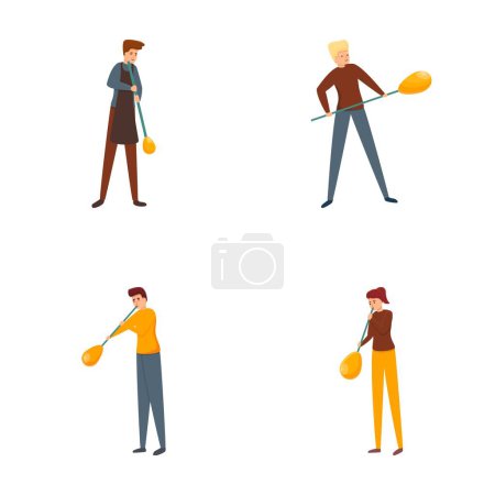 Illustration for Glass blower icons set cartoon vector. Glassworker character working with glass. Hobby or profession - Royalty Free Image