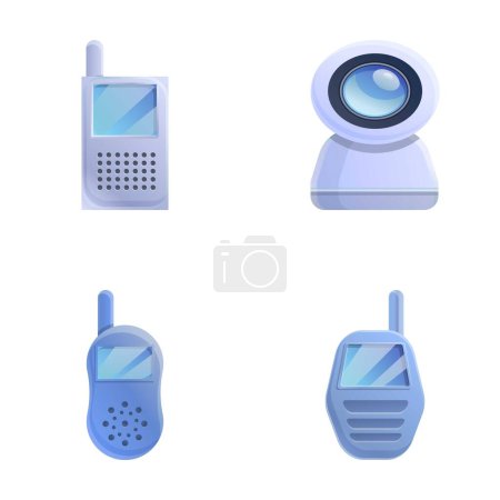 Illustration for Newborn radio icons set cartoon vector. Electronic baby monitor. Video care - Royalty Free Image