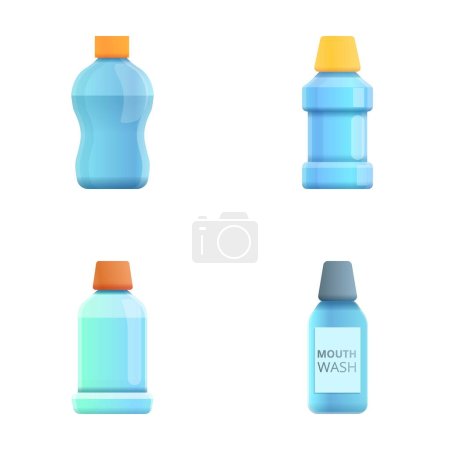 Illustration for Mouthwash icons set cartoon vector. Mint liquid for rinsing mouth. Oral care equipment - Royalty Free Image
