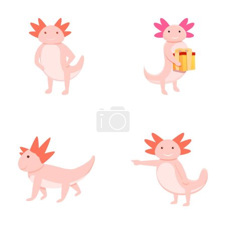Illustration for Cute axolotl icons set cartoon vector. Pink cartoon axolotl. Funny animal, amphibian - Royalty Free Image