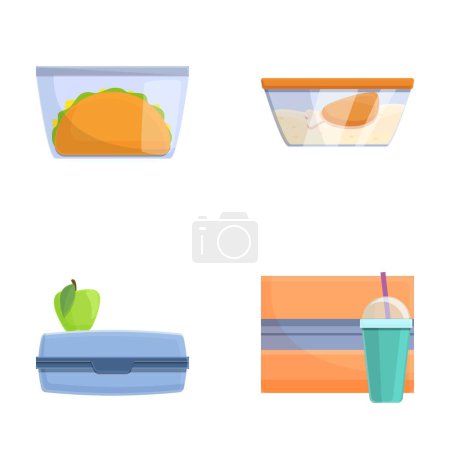 Illustration for Lunch box icons set cartoon vector. Lunch box with takeaway ready food. Takeaway meal, food concept - Royalty Free Image