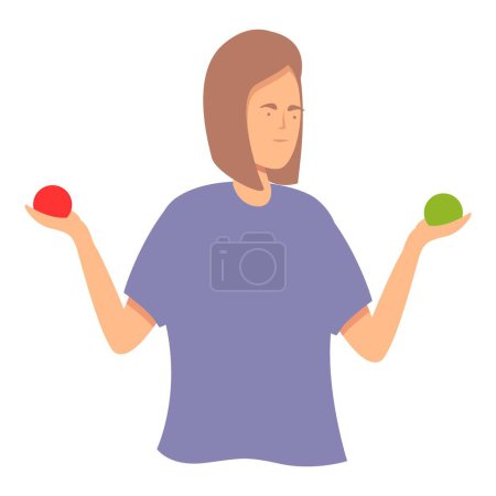 Mujer elegir rojo o verde icono de la bola vector de dibujos animados. Lectura de salud. Guía de la persona