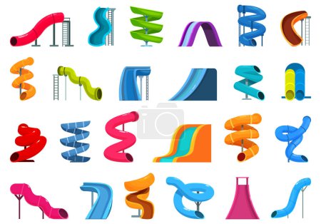 Illustration for Water slide icons set cartoon vector. Ride spiral. Beach drive plastic - Royalty Free Image