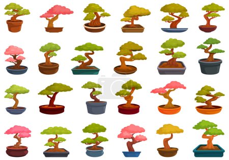 Téléchargez les illustrations : Bonsaï arbre icônes définir vecteur de dessin animé. Japon plante en pot. Décor de maison en étain - en licence libre de droit