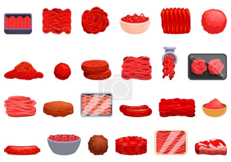 Illustration for Minced meat icons set cartoon vector. Spicy beef pork. Cooking veal - Royalty Free Image