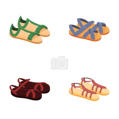 Illustration for Fashion sandal icons set cartoon vector. Various open sandal with strap. Footwear, summer shoe - Royalty Free Image