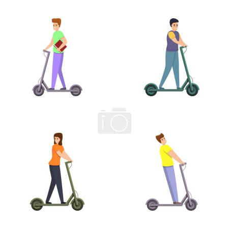 Illustration for Scooter icons set cartoon vector. Man and woman riding electric scooter. Ecology transport - Royalty Free Image