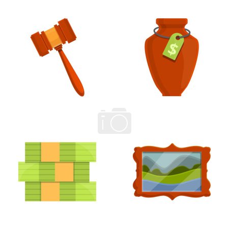 Auction icons set cartoon vector. Buying and selling lot at auction. Public sale, bidding