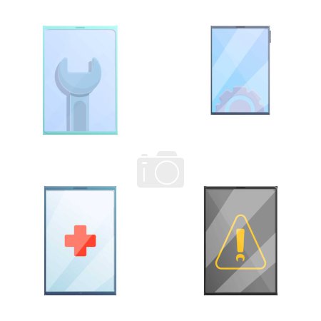 Phone repair icons set cartoon vector. Smartphone with tool and spare part. Technical support, maintenance