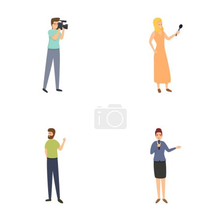 Illustration for Girl reporter icons set cartoon vector. Journalist with microphone and cameraman. Reportage, media concept - Royalty Free Image