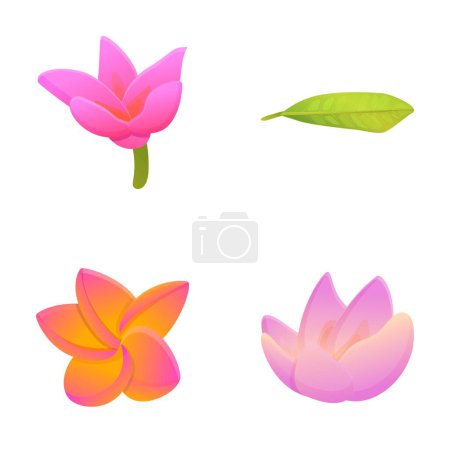 Lotus icônes de fleurs mis vecteur de dessin animé. Lotus en fleurs ou nénuphar avec feuille. Fleur, symbole du bouddhisme