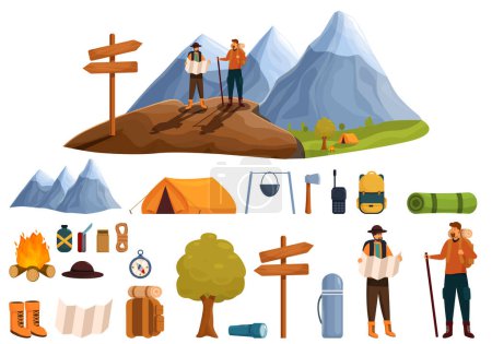 Illustration for Man trekking travel icons set cartoon vector. Tourist map. Active nature hiker - Royalty Free Image