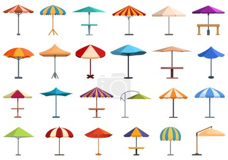 Ilustración de Iconos paraguas café al aire libre conjunto vector de dibujos animados. Diseño de mesa de calle. Patio de comida - Imagen libre de derechos