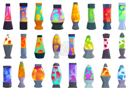Iconos de la lámpara de lava conjunto vector de dibujos animados. Disco de cromo líquido. Burbujas de magma