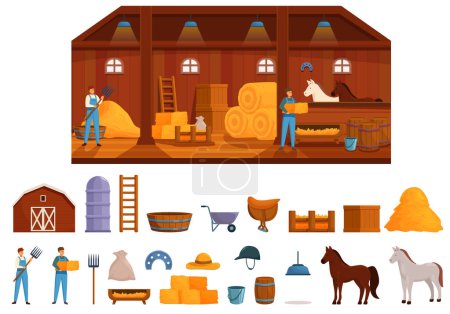 Téléchargez les illustrations : Agricole icônes stables définir vecteur de dessin animé. Intérieur du plancher de la grange. Ranch en bois - en licence libre de droit