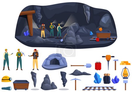 Illustration for Man inside cave icons set cartoon vector. Traveler hiker. Discover mining - Royalty Free Image
