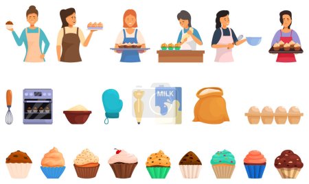 Illustration for Woman cupcakes icons set cartoon vector. Female sweet food. Accident kitchen - Royalty Free Image