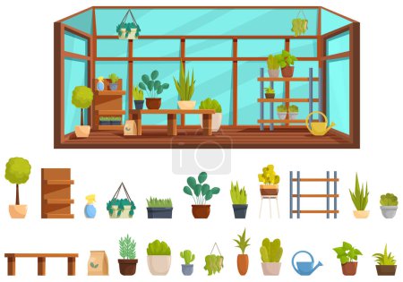 Iconos interiores de invernadero conjunto vector de dibujos animados. Estantes de plantas. Naranjería de flores de árbol