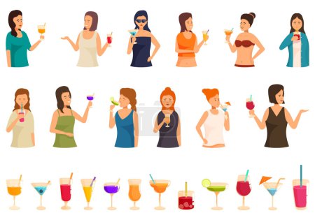 Illustration for Woman drink cocktail icons set cartoon vector. Face young. Summer beach vacation - Royalty Free Image