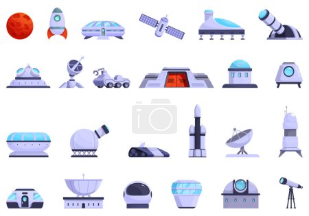 Téléchargez les illustrations : Les icônes de l'observatoire Mars définissent un vecteur de dessin animé. La colonisation des planètes. Surface spatiale - en licence libre de droit