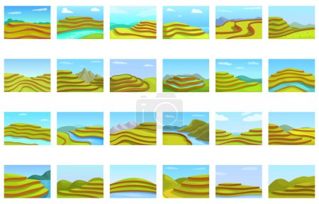 Ilustración de Verde arrozal terrazas iconos conjunto vector de dibujos animados. Trabajadora asiática. Montaje en cascada - Imagen libre de derechos