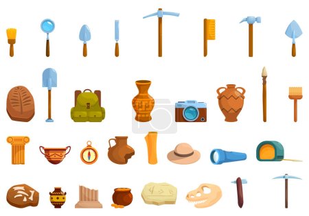 Excavation tools icons set cartoon vector. Ancient artifacts. Treasures inventory