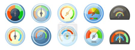 Barometer icons set cartoon vector. Weather control. Arrow change climate