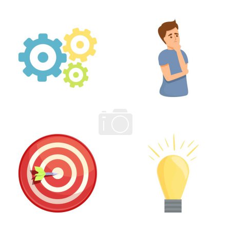 Illustration for Business idea icons set cartoon vector. Man thinking and find solution. Brainstorm concept - Royalty Free Image
