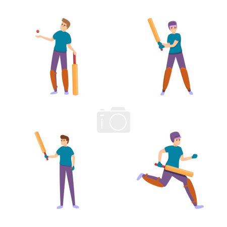 Ilustración de Batsman iconos conjunto vector de dibujos animados. Jugador de críquet con bate y jugador de bolos. Deporte, actividad física - Imagen libre de derechos