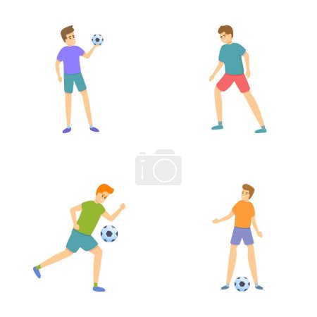 Illustration for Soccer player icons set cartoon vector. Football player kick ball with foot. Sport, hobby - Royalty Free Image